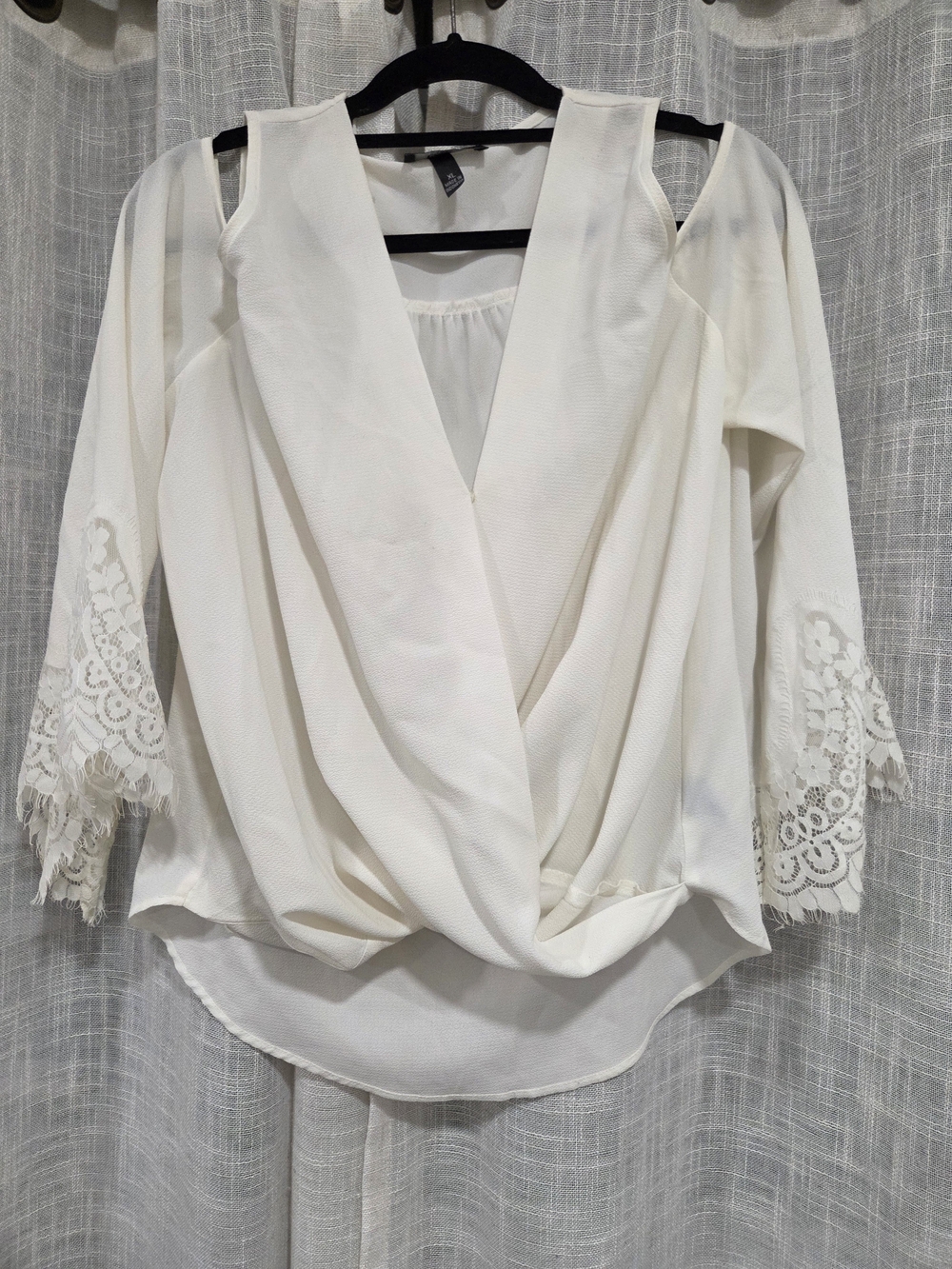BCX Cream Lace-Trim Cold-Shoulder Surplice Blouse